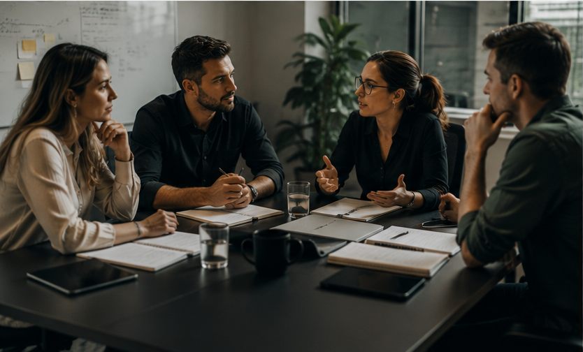 Pequeno grupo em reunião de trabalho ao redor de uma mesa, ouvindo e discutindo sobre cadernos e documentos.