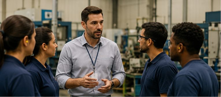 Equipe reunida com a liderança no chão de fábrica.